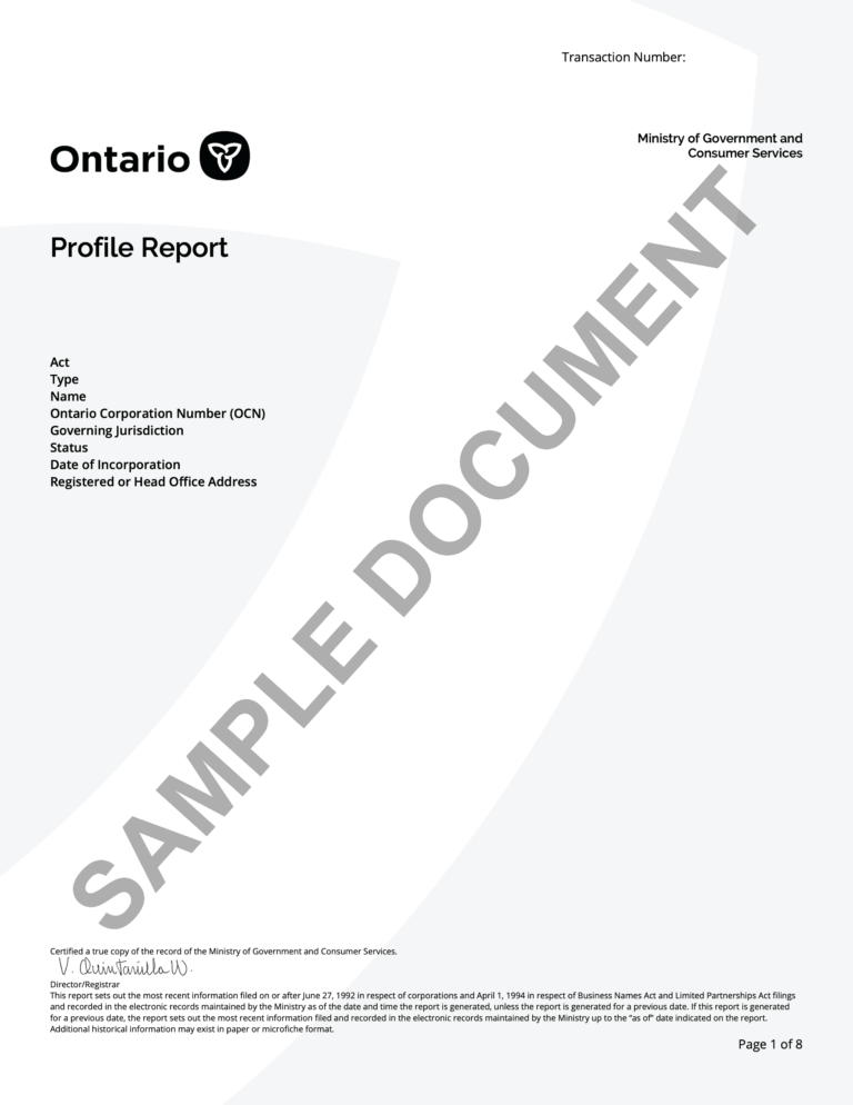 Sample Ontario corporate profile report (corporation profile report)