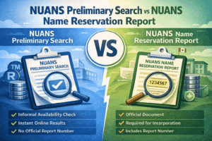 Infographic comparing NUANS preliminary search and NUANS name reservation report in Canada for incorporating a Named Company.