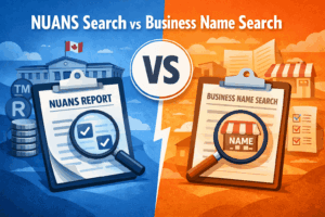 Infographic comparing NUANS search and business name search in Canada for incorporating a Named Company.