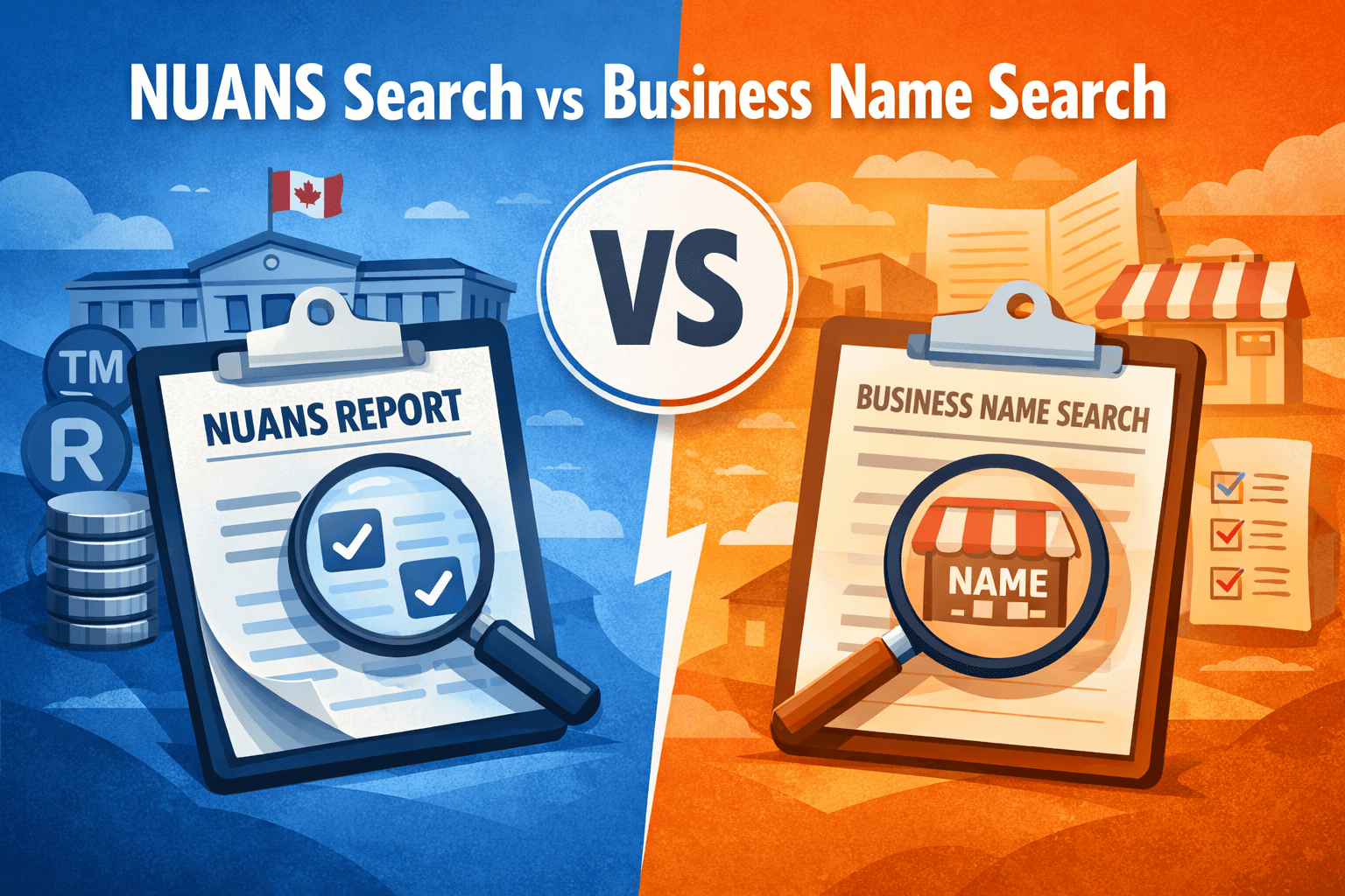 nuans-search-vs-business-name-search-canada Infographic comparing NUANS search and business name search in Canada for incorporating a Named Company.